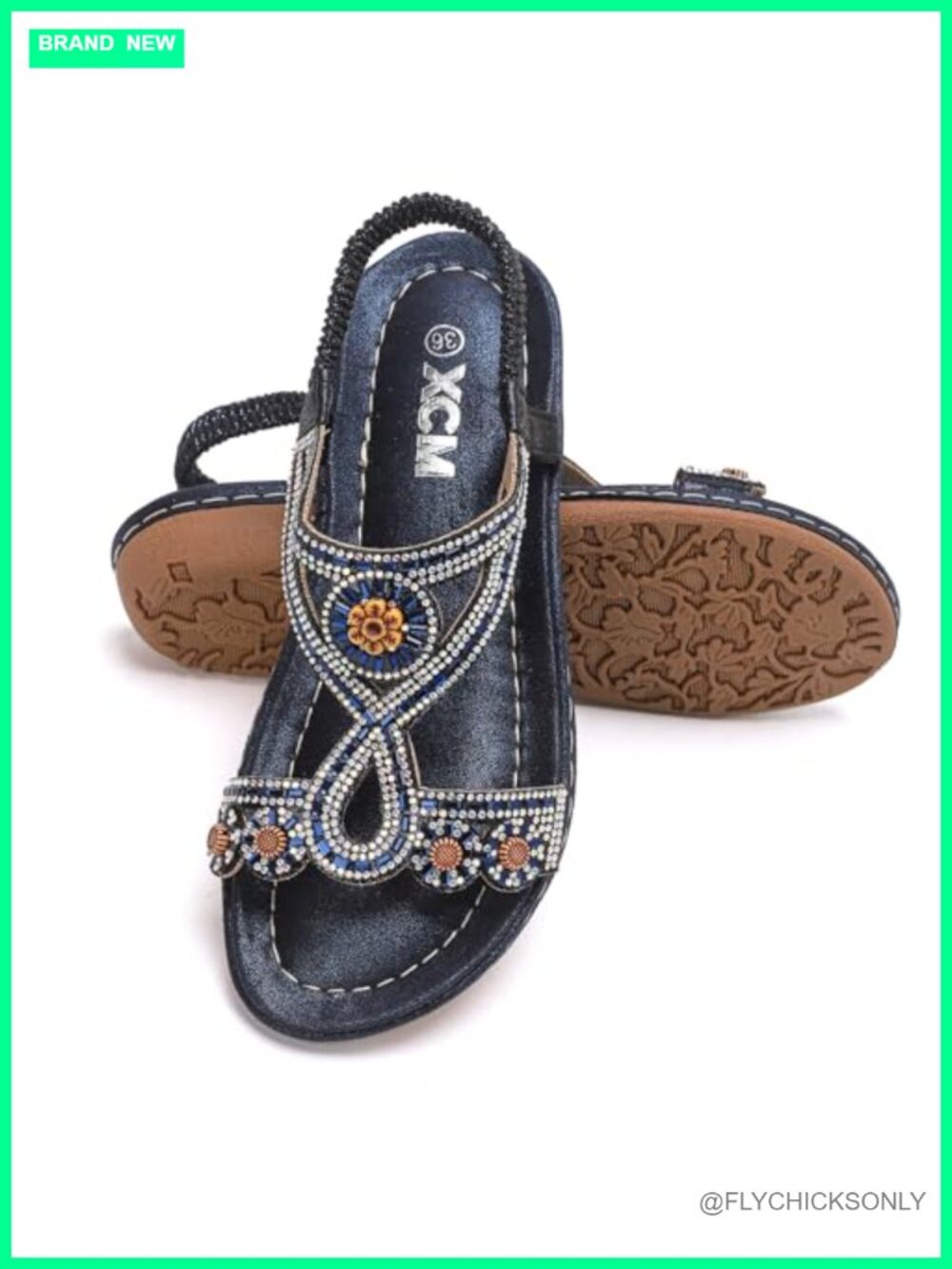Bohemian Rhinestone Flats Sandals Dressy Elastic Ankle Strap Arch Support